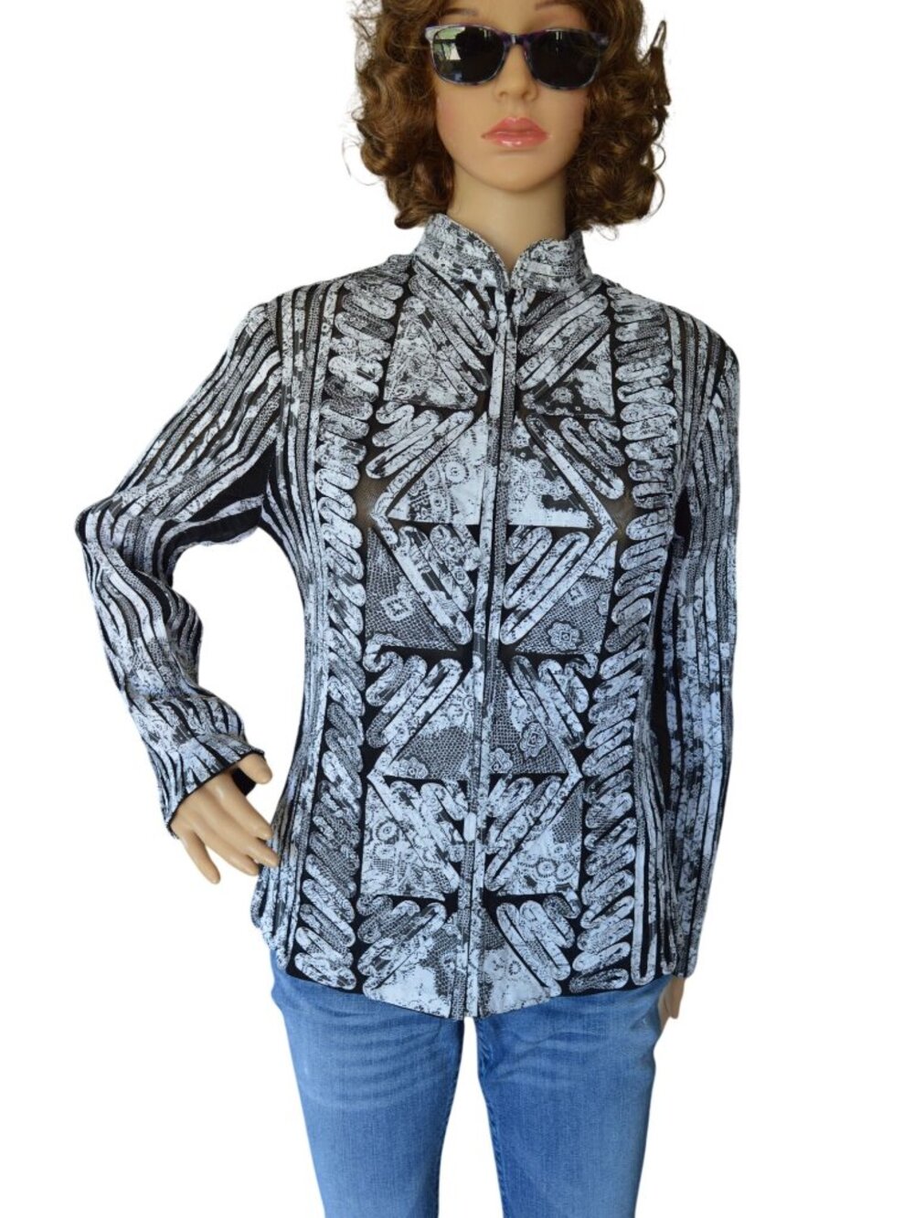 Vintage y2k Peck & Peck Black & White Ribboned Semi Sheer Zip Up Jacket Size 10